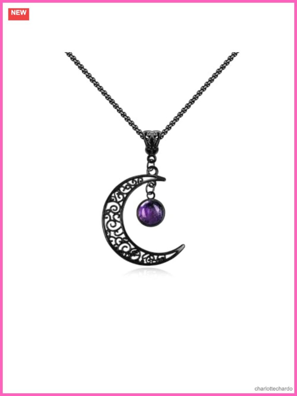Gothic Witch Moon Necklace Amethyst Stainless Steel Leather Cord Halloween